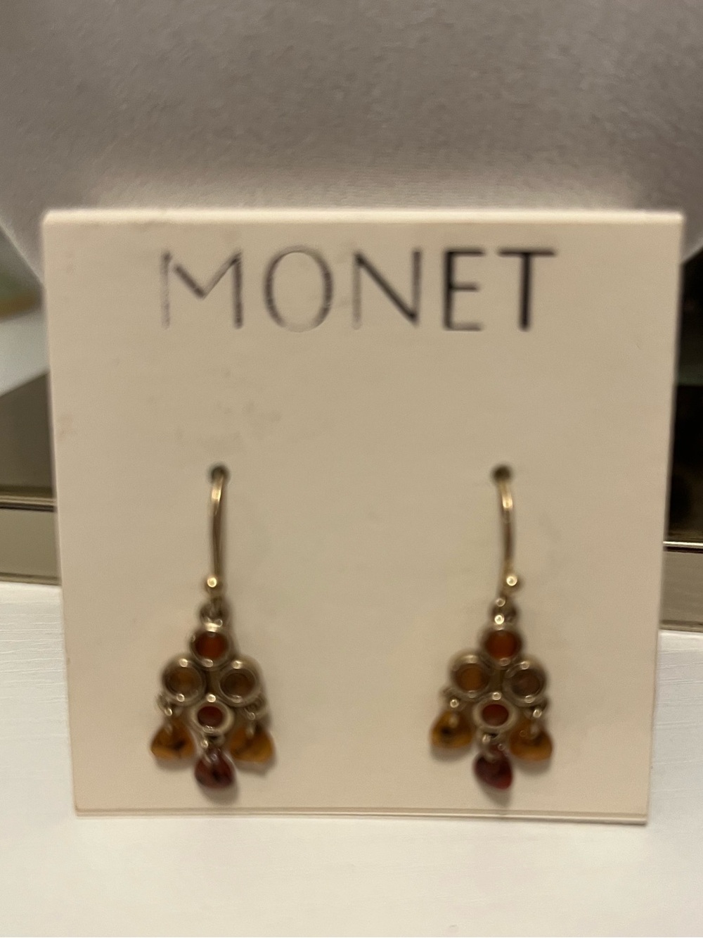 VTG Monet Gold Tone Amber Rhinestone  Small Chandelier Dangle Earrings